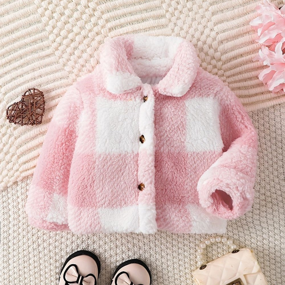 Children Girls' Autumn And Winter Lapel Plaid Single-breasted Long Sleeve Fashionable Korean Style Fashionable Velvet Coat