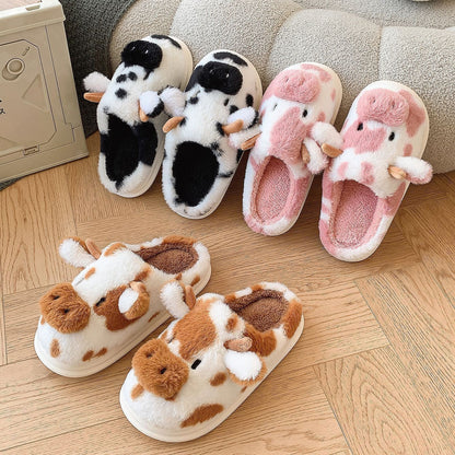 Cute Cartoon Cow Plush Slippers Winter Warm Indoor Bedroom Floor Fuzzy Slipper Couple Non-slip House Shoes