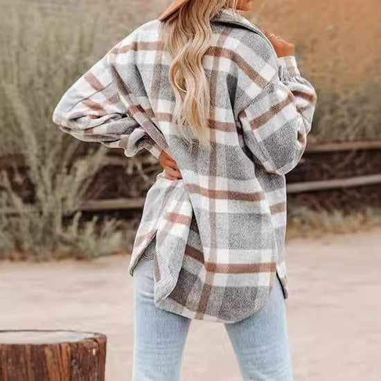 Women's Plaid Buckle Jacket Casual Fashion Long Sleeve Coat